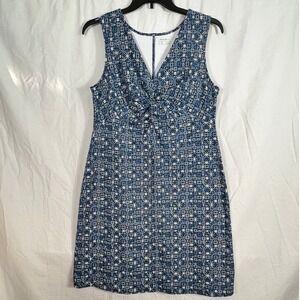 Eddie Bauer Dress L Blue Geometric Print Knit Twist Neck Sleeveless Knee Length